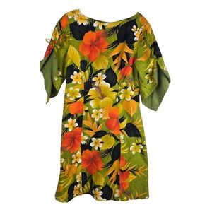 Vintage Sears Hawaiian Fashions Dress Green Floral Hibiscus Tiki Bell Sleeve MCM